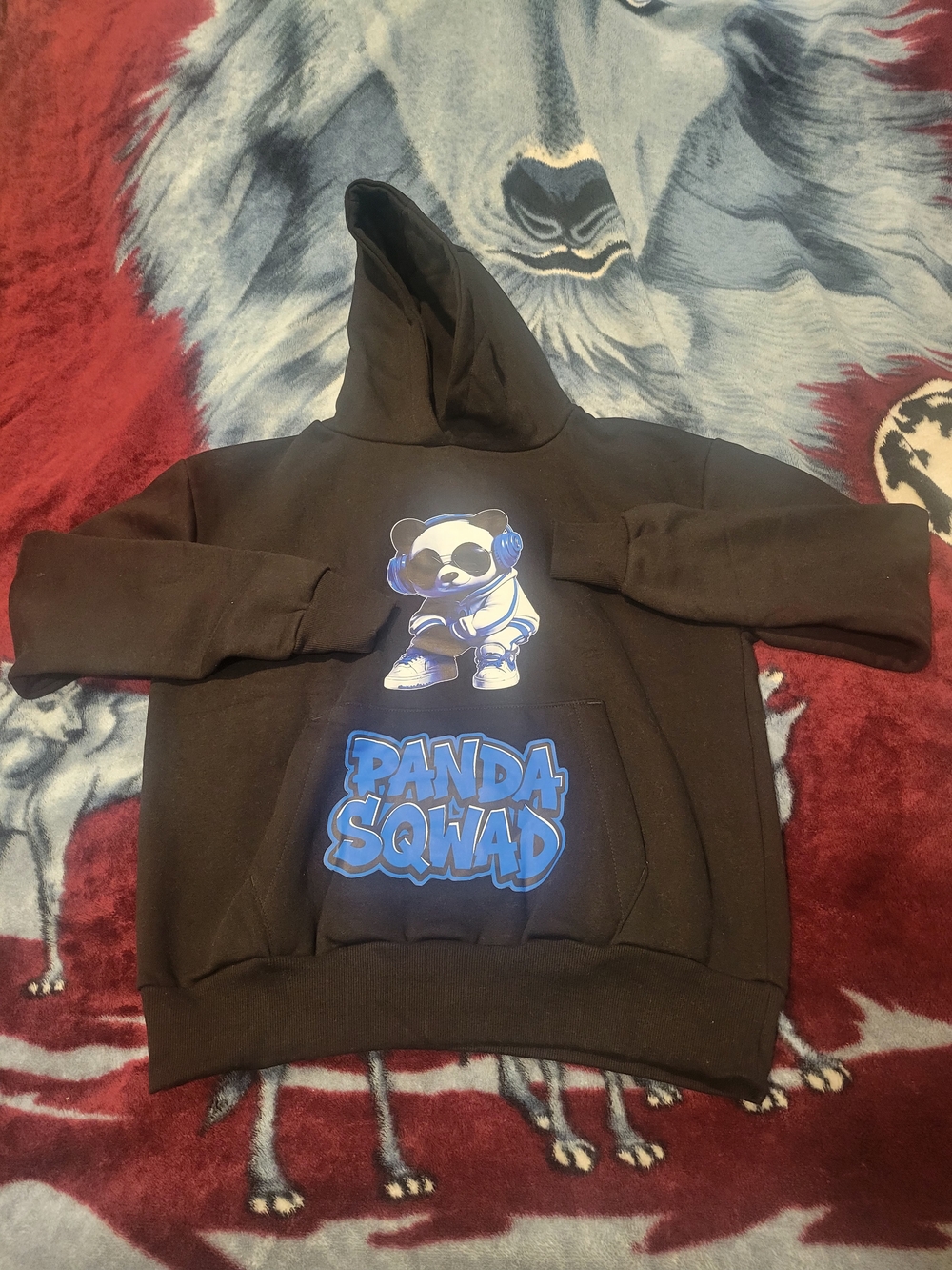 Black Crewneck Hoodie with Blue Panda Squad Graphic